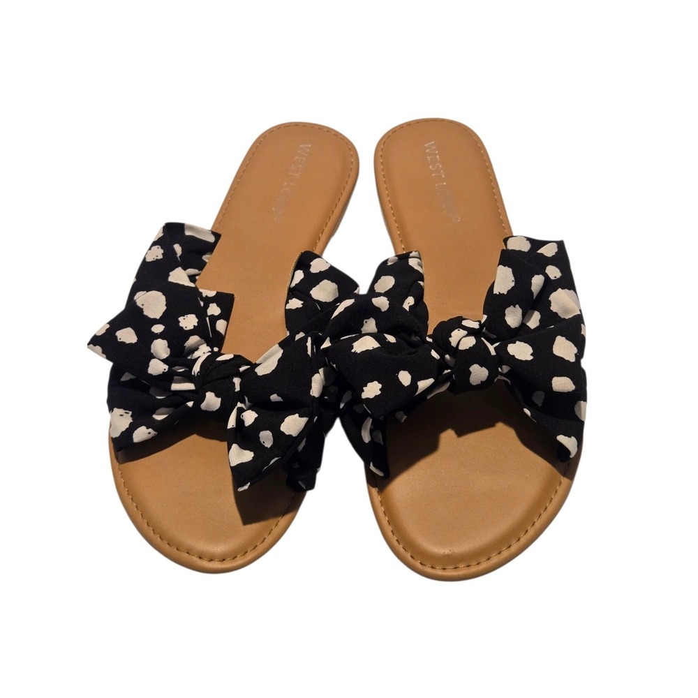 West Loop Womens Bow Slide Sandals Black White Polka Dot Slip On Flats Size 9/10
